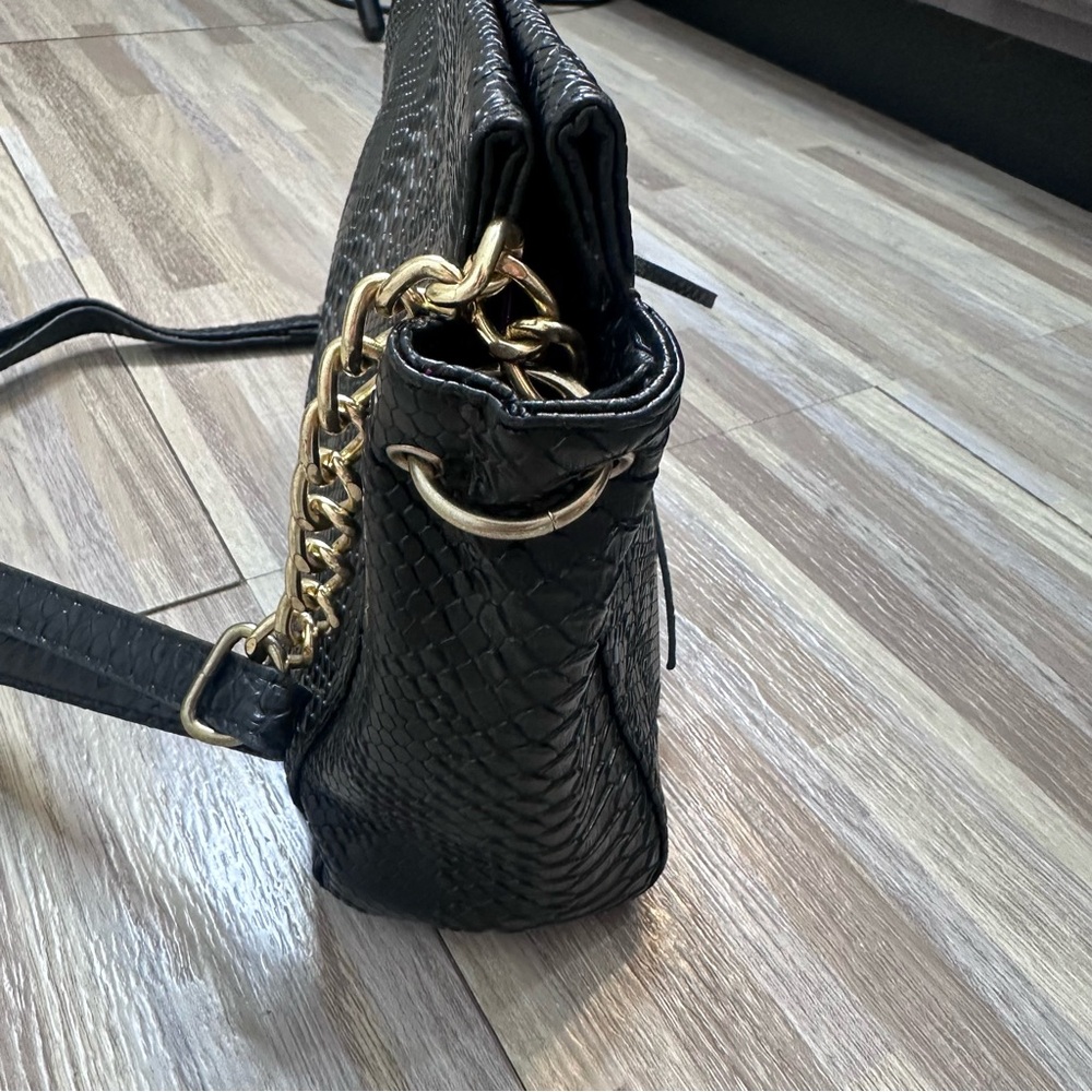 Nicole Miller Black Faux-Snake Shoulder Bag with Gold Accents - Picture 3 of 13